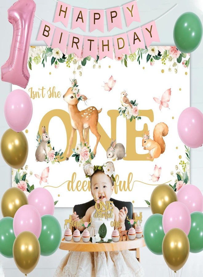 Fangleland Isn't She Onederful Girls 1st Birthday Decorations, Deer First Birthday Party Supplies for One Year Old Girl - Floral Backdrop Balloons Cake Cupcake Toppers, Woodland Animal Decors - Image 4